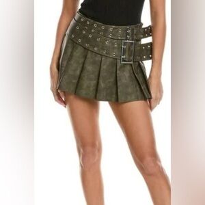 WEWOREWHAT Vegan Leather Pleated Micro Mini Skort Belted Patina Lt Brown Size 2